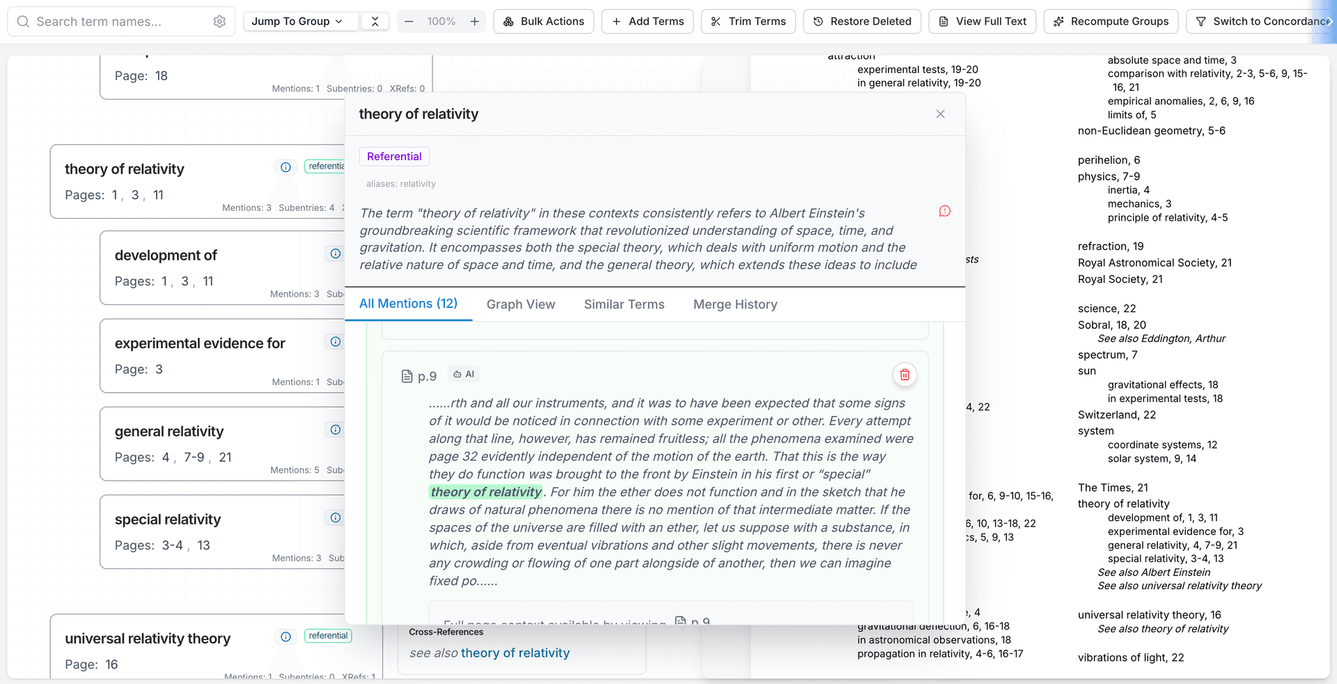 Indexia AI book indexing interface showing terms, relationships, and index view