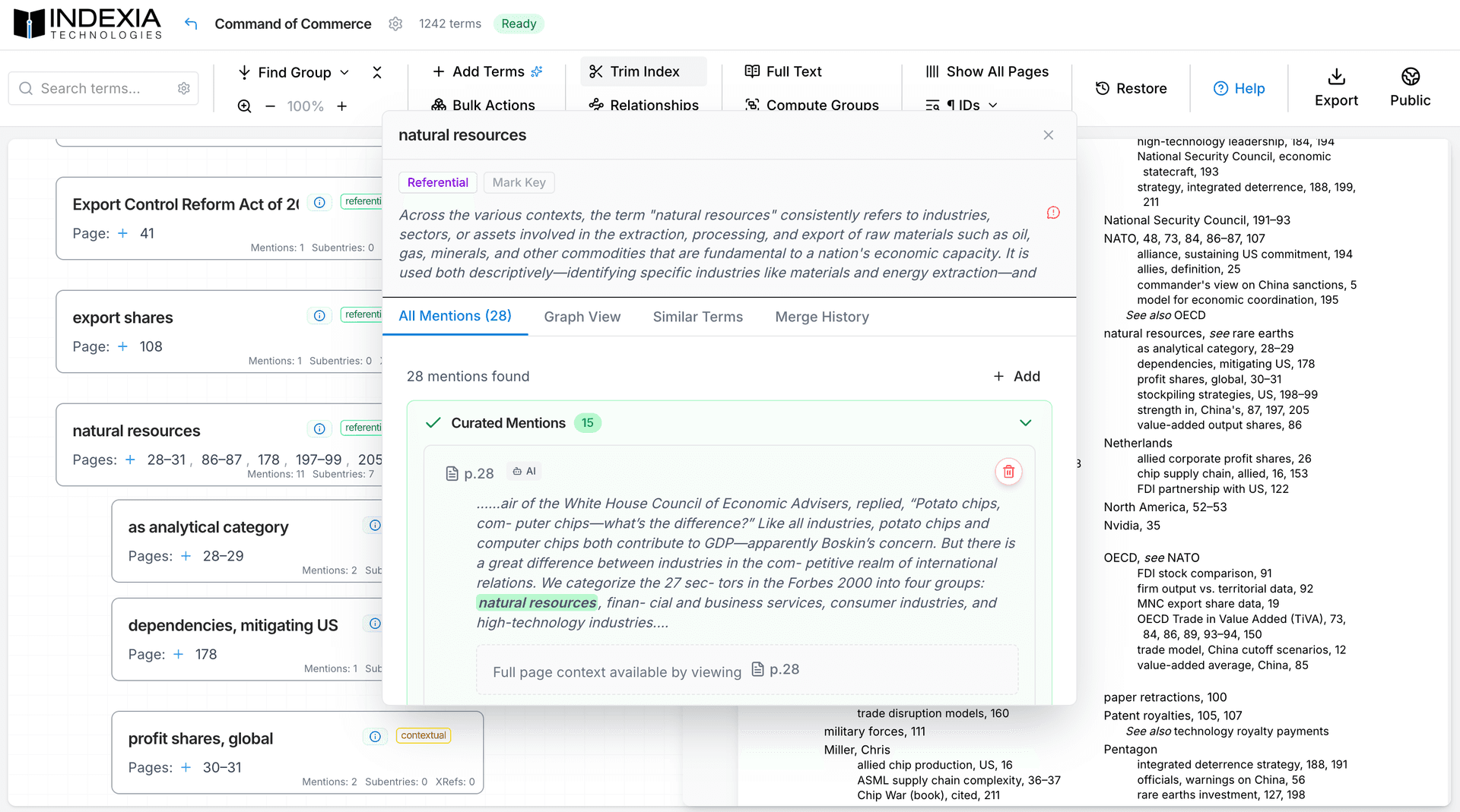 Indexia AI book indexing interface showing terms, relationships, and index view