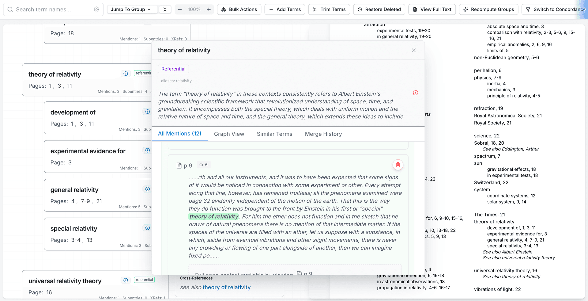 Indexia AI book indexing interface showing terms, relationships, and index view