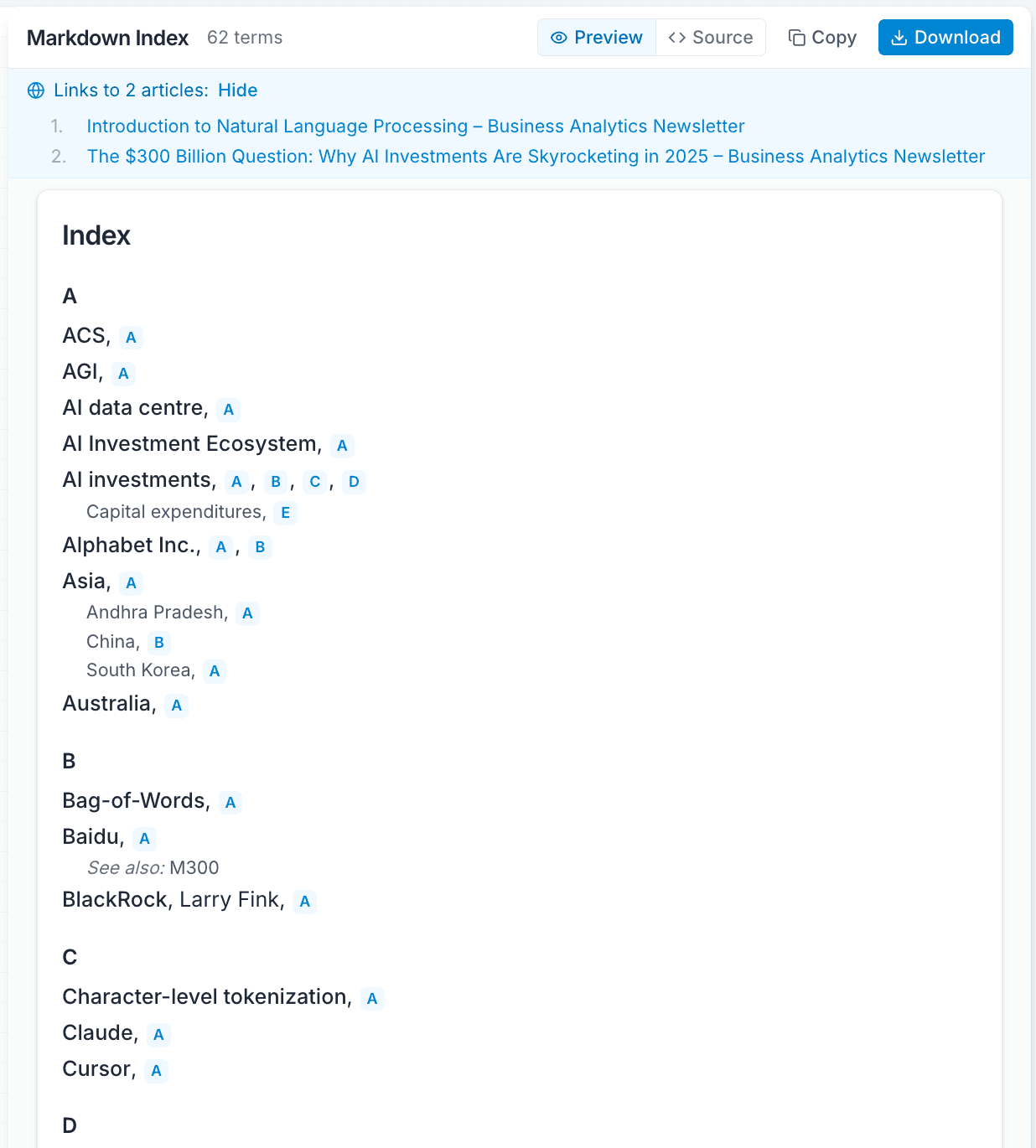 Website indexing with clickable links
