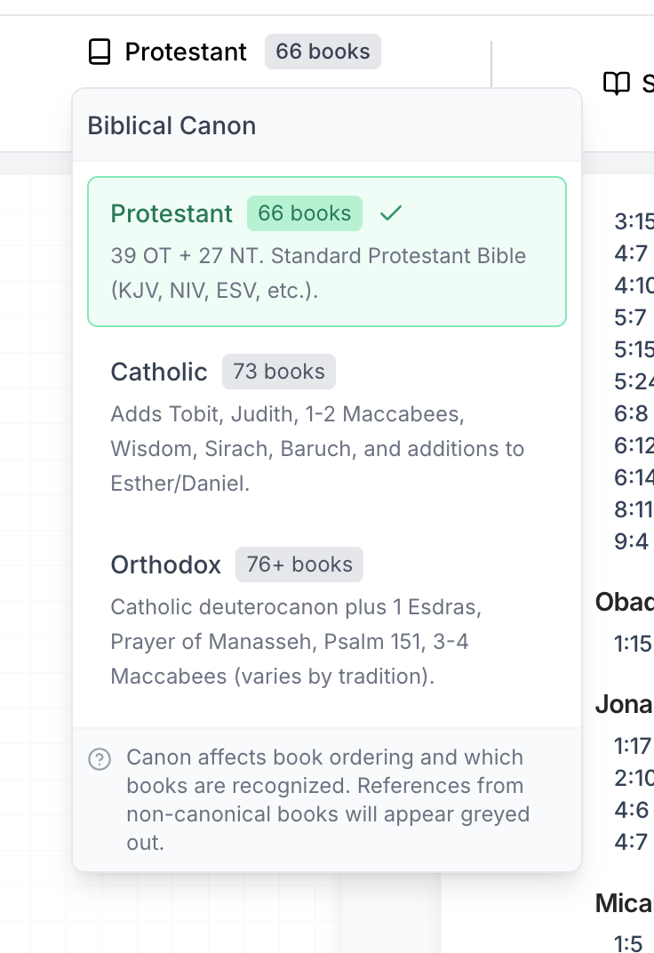 Canon selector showing Protestant, Catholic, and Orthodox options